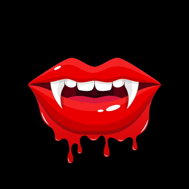 Boca de vampiro abierta labios rojos femeninos con dientes caninos largos y puntiagudos y vector de ilustración de sangre