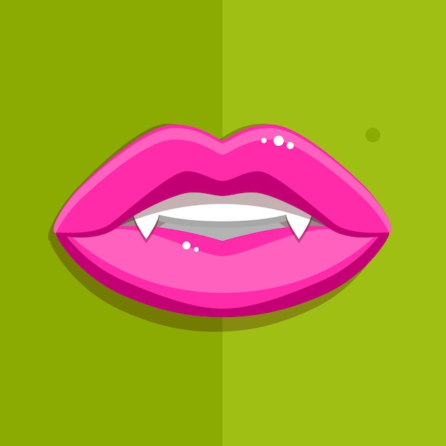 Boca de vampiro con labios rojos abiertos y dientes largos sobre fondo verde.