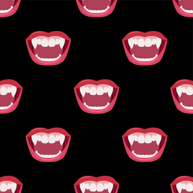 Boca de vampiro con pintalabios rojo. Patrón de vector transparente