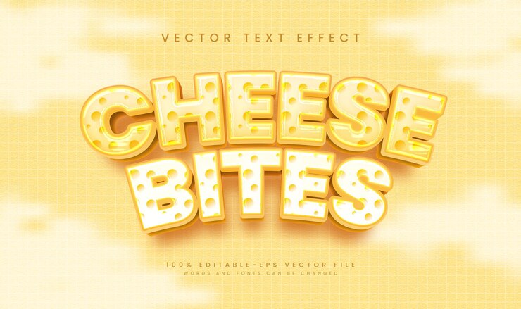 Vector bocadas de queso sabrosas efecto de texto vectorial editable adecuado para comida deliciosa y tema de leche cremosa