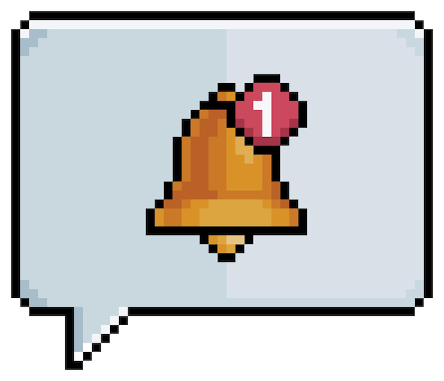 Bocadillo de diálogo de arte de píxeles con campana e icono de notificación icono vectorial para juego de 8 bits
