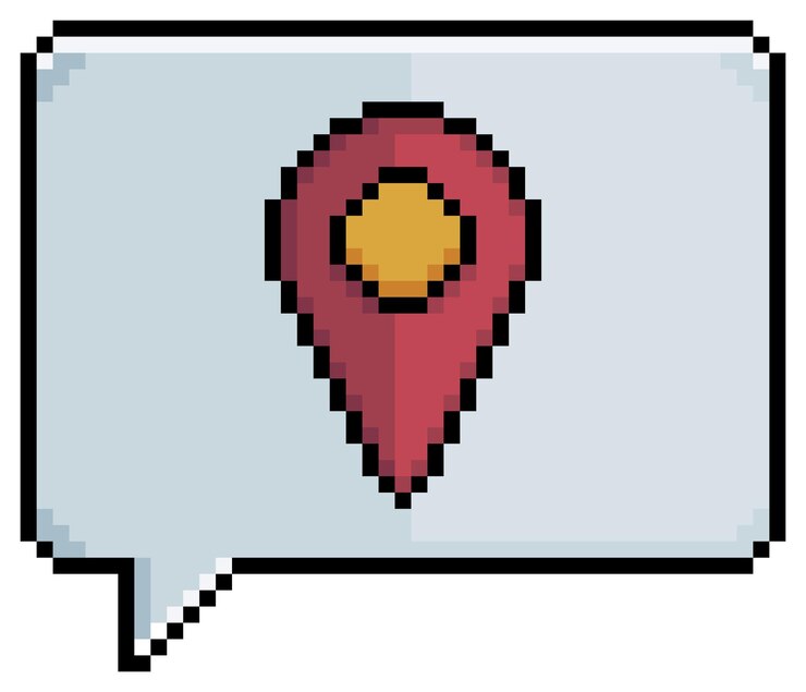 Vector bocadillo de diálogo de arte de píxeles con icono de vector de icono de gps para juego de 8 bits sobre fondo blanco