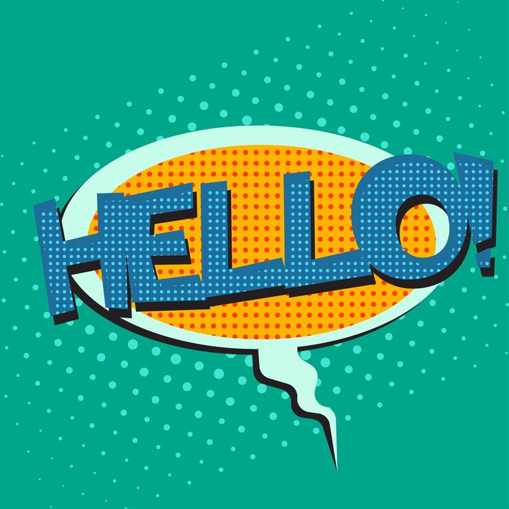 Vector bocadillo de diálogo de arte pop con texto hola hola bocadillo de diálogo de cómic colorido hola bocadillo de diálogo en un patrón de puntos fondos en vector de estilo retro popart