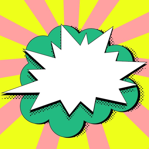 Bocadillo de diálogo en blanco cómico con espacio de copia y garabatos coloridos Diseño de plantilla vacía en marco de explosión que representa la conexión y mensajería de redes sociales