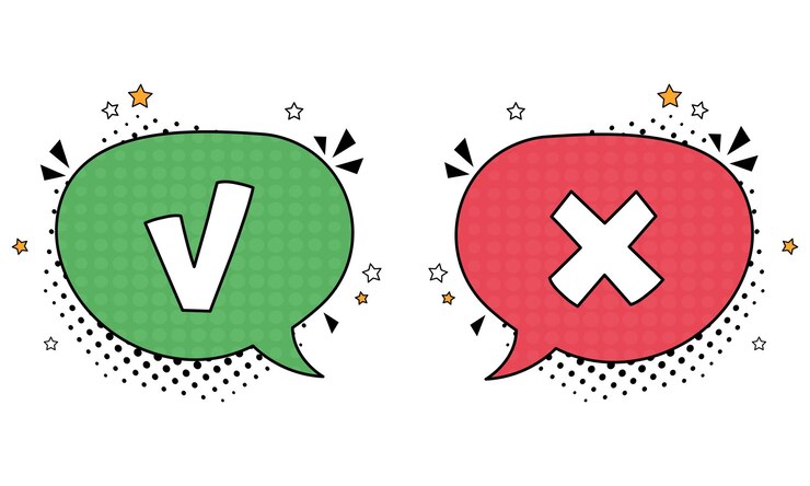 Vector bocadillo de diálogo cómico con iconos de cruz y marca de verificación vector ilustración de dibujos animados dinámicos brillantes en estilo retro pop art ilustración vectorial