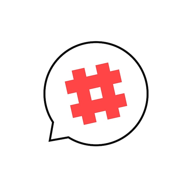 Bocadillo de diálogo de contorno con hashtag rojo. concepto de microblogging, relaciones públicas, popularidad, blogger, rejilla, cuadrícula. aislado sobre fondo blanco. Ilustración de vector de diseño de logotipo de hashtag moderno de tendencia de estilo plano