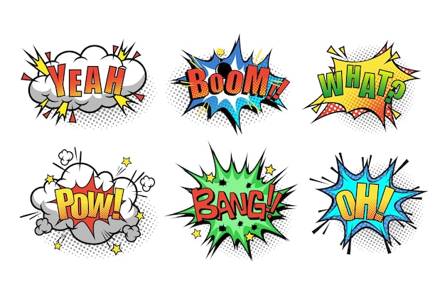 Bocadillo de diálogo de dibujos animados con la frase Boom, sí, qué, pow, bang, oh