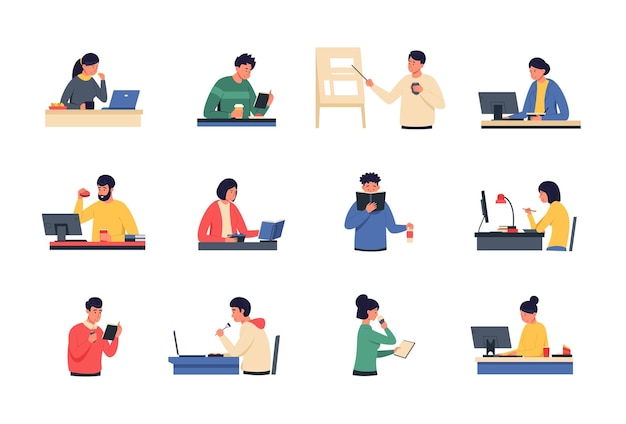 Bocadillo de oficina Hombres y mujeres de dibujos animados comiendo en el trabajo frente a la computadora portátil y el almuerzo en la oficina y la desventaja del trabajo remoto Ilustración vectorial de personajes almorzando