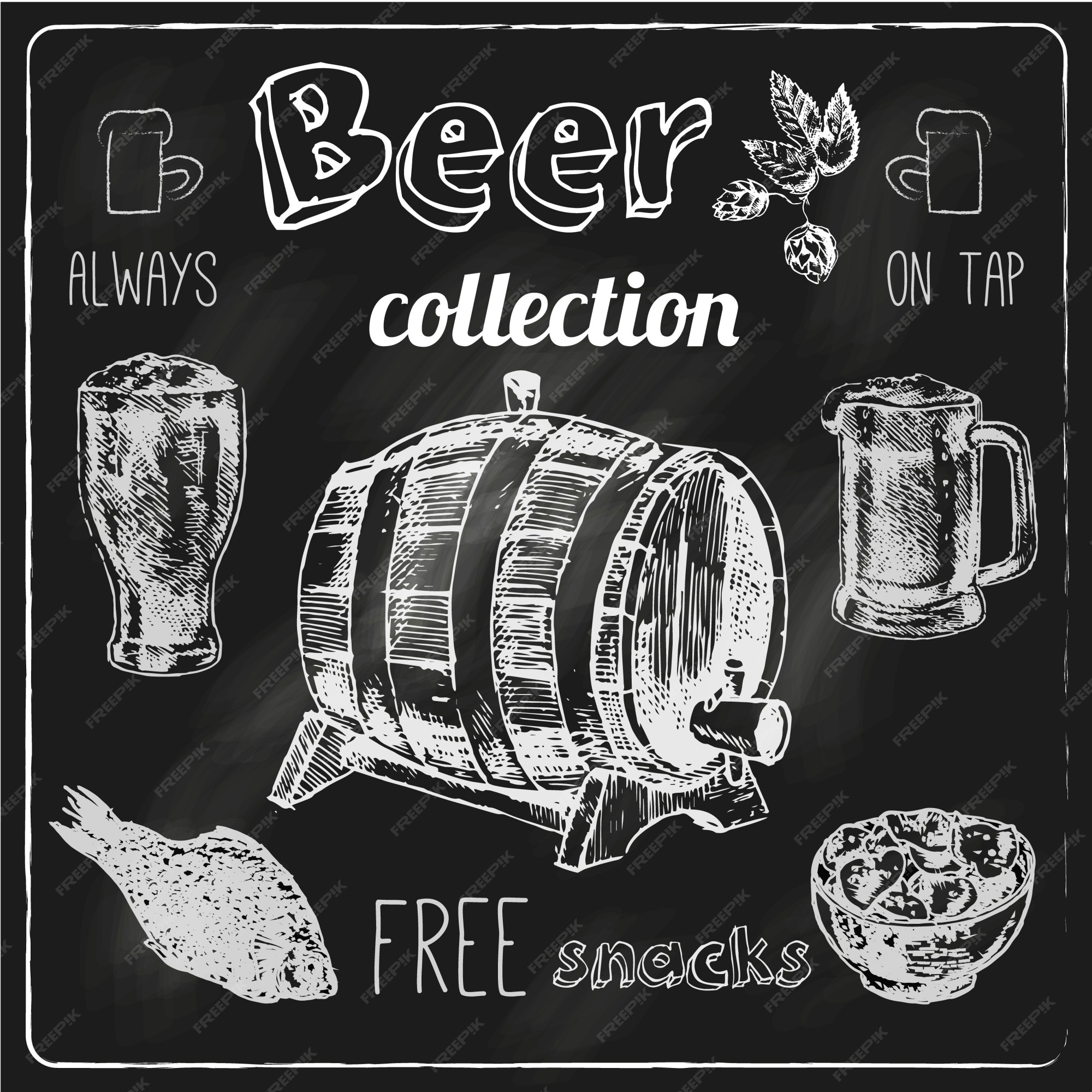 Bocadillos salados siempre gratis toque cerveza bar tiza pizarra anuncio  elementos colección dibujo vector aislado ilustración | Vector Premium