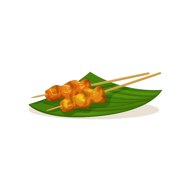 bocadillos tradicionales de Malasia en palos de madera comida callejera apetitosa en hoja de plátano verde cocina asiática tema culinario icono vectorial de dibujos animados Ilustración en estilo plano aislado sobre fondo blanco