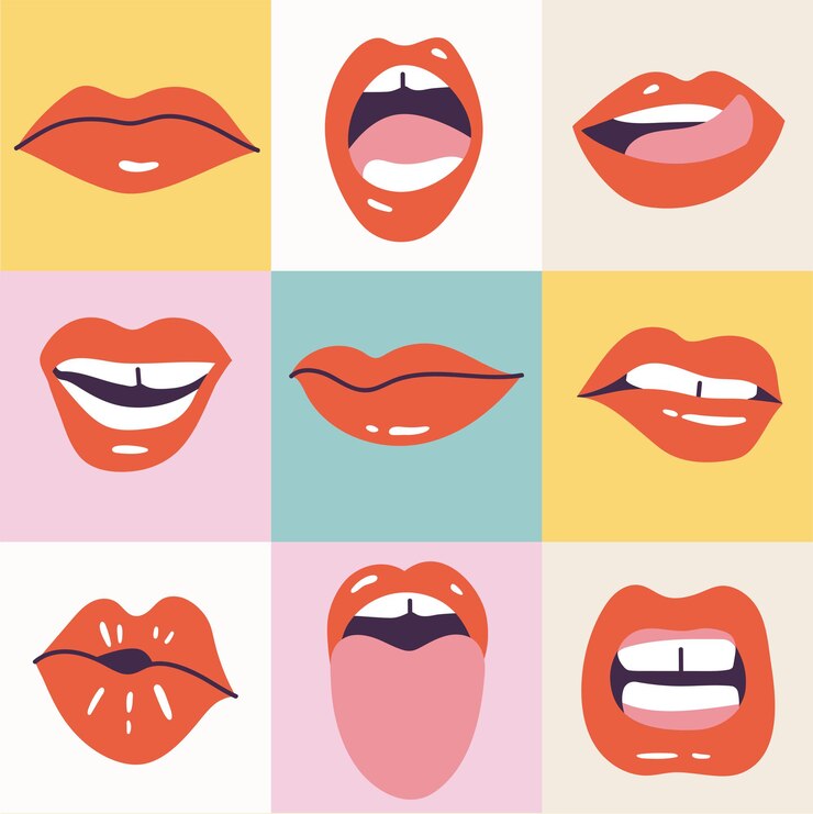 Bocas femeninas de la ilustración del vector. Pintalabios rojo. Varios de mímica, emociones, expresiones faciales. Póster para imprimir.