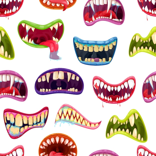 Bocas de monstruo con patrones sin fisuras de dibujos animados de dientes