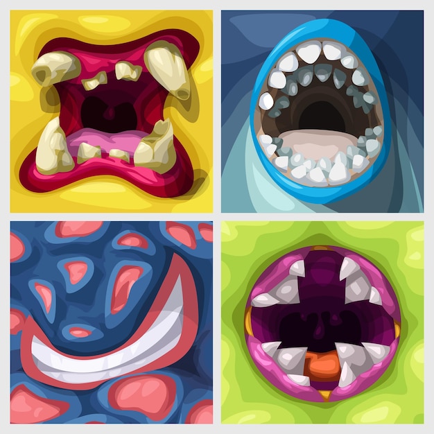 Bocas de monstruos de estilo de dibujos animados coloridos en conjunto