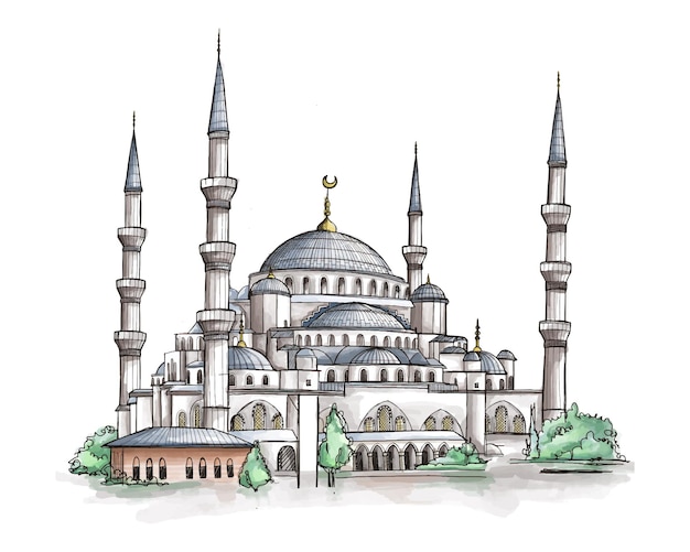Boceto de acuarela de la Mezquita Azul de Sultanahmet en Estambul, Turquía
