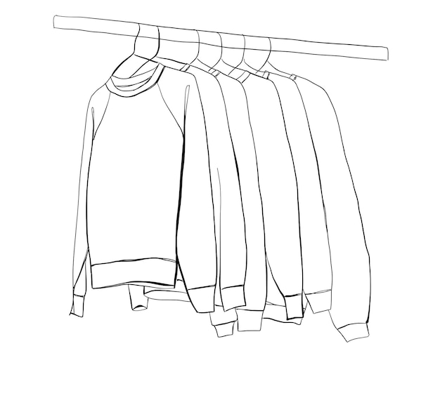 Boceto de armario dibujado a mano Ropa en las perchas Sudaderas con capucha