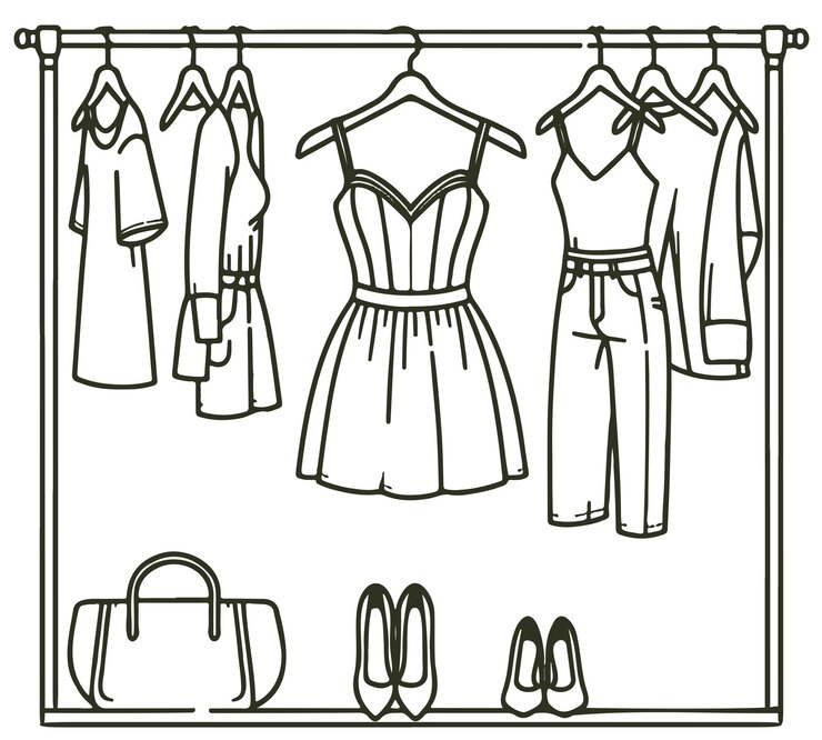 Boceto de armario dibujado a mano Ropa en las perchas Vestido