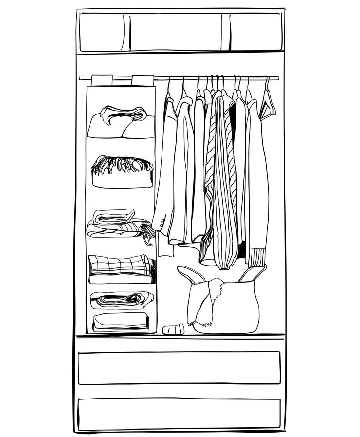 Boceto de armario Ropa en las perchas Ilustración dibujada a mano
