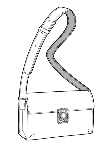 Vector un boceto de un bolso con una correa que dice 