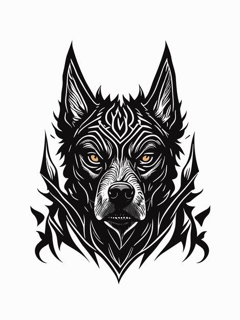 Vector boceto de cabeza de perro malvado tribal en tinta y dibujo salpicado ilustración obra de arte en monocromático