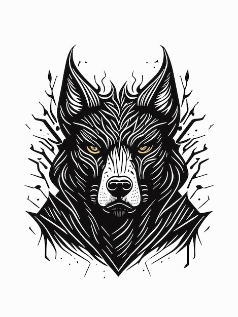 Vector boceto de cabeza de perro malvado tribal en tinta y dibujo salpicado ilustración obra de arte en monocromático