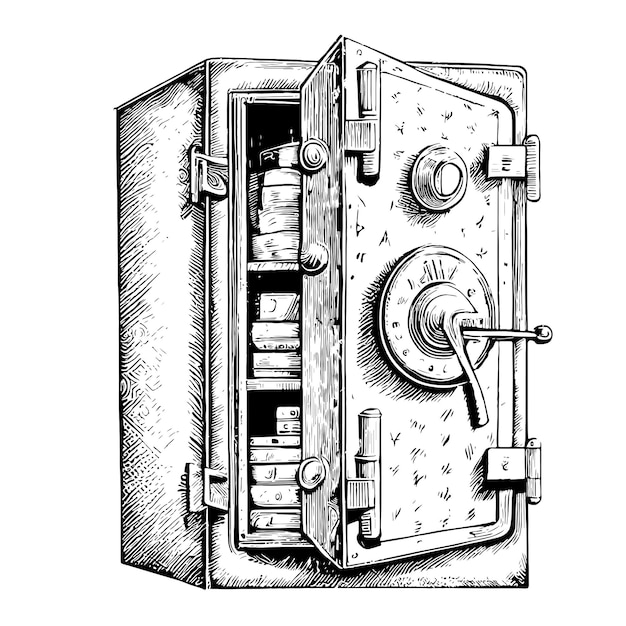 Vector un boceto de una caja fuerte con un candado en la parte superior.