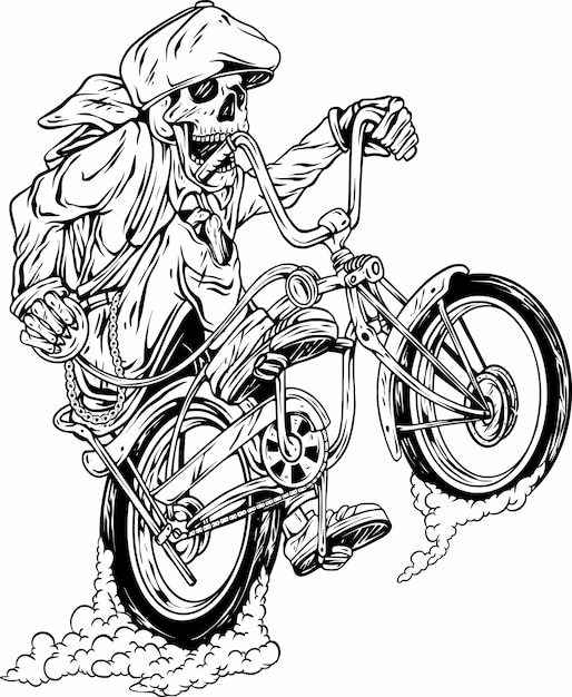 Vector boceto de una calavera montando una bicicleta lowrider vintage