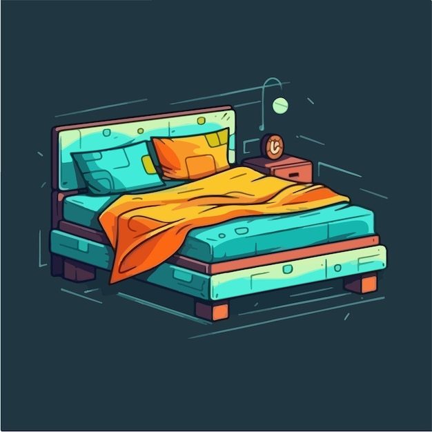 Un boceto de una cama con una manta azul y una almohada naranja.