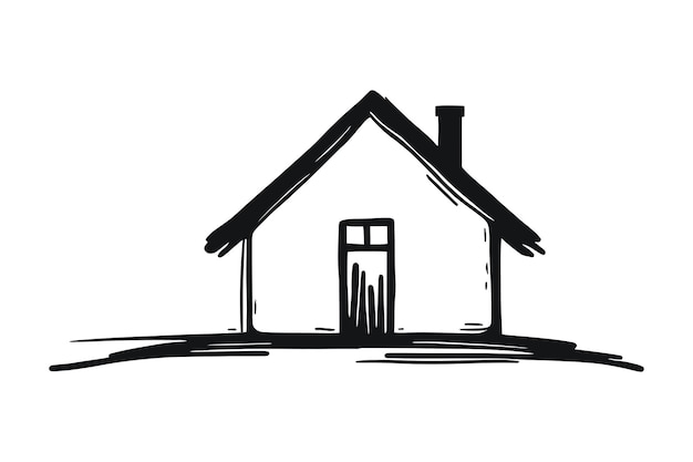 El boceto de la casa dibujado a mano presenta una ventana y una puerta de chimenea de techo inclinado