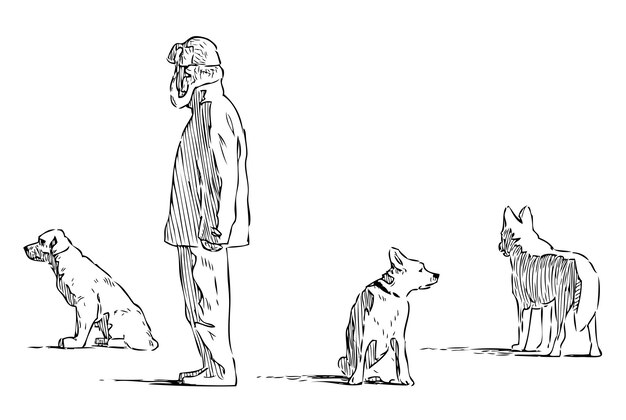 Boceto de ciudadano con sus perros dando un paseo