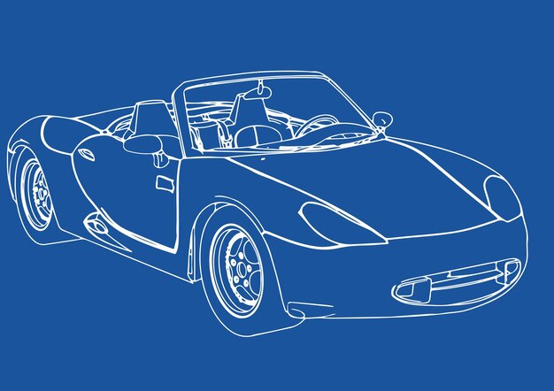 boceto de un coche deportivo con líneas blancas sobre un vector de fondo azul