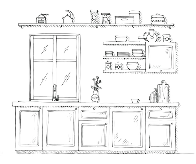 Boceto de cocina con una ventana ilustración vectorial en un estilo de boceto