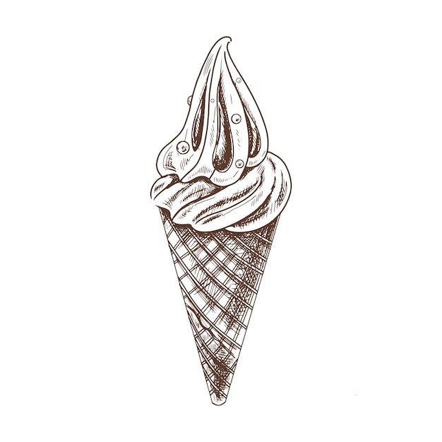 Un boceto de color dibujado a mano de un cono de waffle con helado