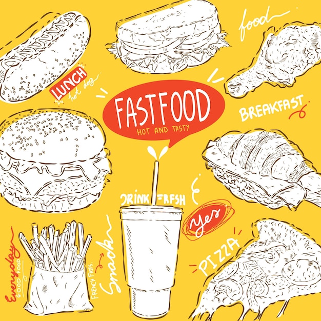 boceto de comida rápida dibujado abstracto ilustración vectorial para café bar restaurante y papel de envoltura