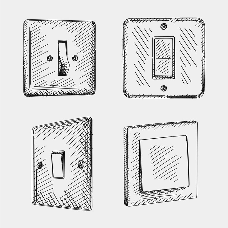 Vector boceto conjunto de interruptores dibujados a mano. el juego incluye interruptor de luz de encendido y apagado, interruptor basculante de estilo europeo, interruptor basculante leviton decora