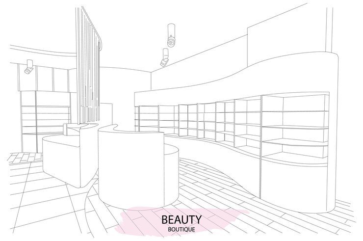 Vector boceto de contorno interior de boutique de belleza con diseño moderno