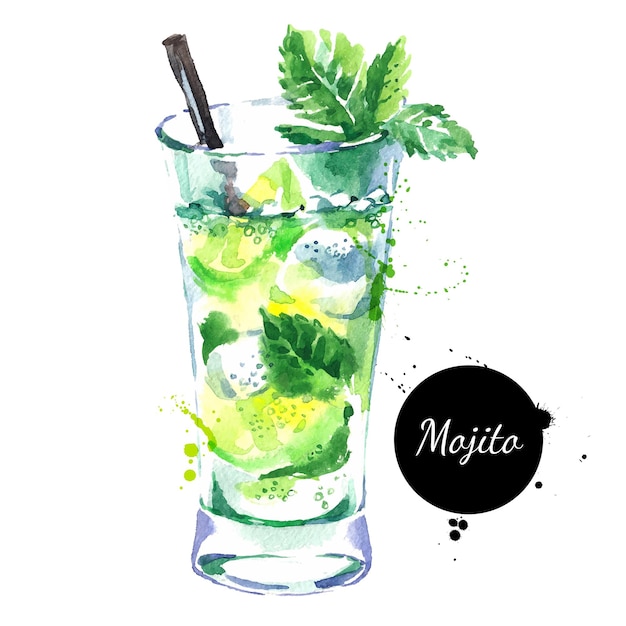 Boceto dibujado a mano acuarela cóctel Mojito Vector aislado comida ilustración