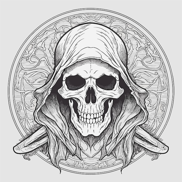Boceto Dibujado a mano arte de una sola línea para colorear página dibujo lineal día de la calavera del diablo de la muerte