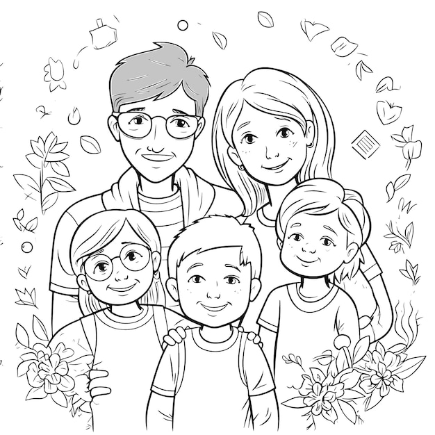 Vector boceto dibujado a mano arte de una sola línea para colorear página dibujo lineal día de la familia