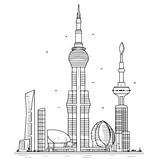 Vector boceto dibujado a mano arte de una sola línea para colorear página menara burj khalifa día