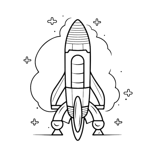 Boceto Dibujado a mano arte de una sola línea para colorear página Rocket Day