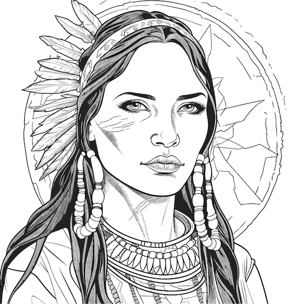 Vector boceto dibujado a mano arte de una sola línea página para colorear dibujo lineal día de la mujer nativa