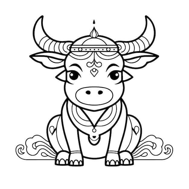 Vector boceto dibujado a mano arte de una sola línea página para colorear dibujo lineal feliz día del toro pongal