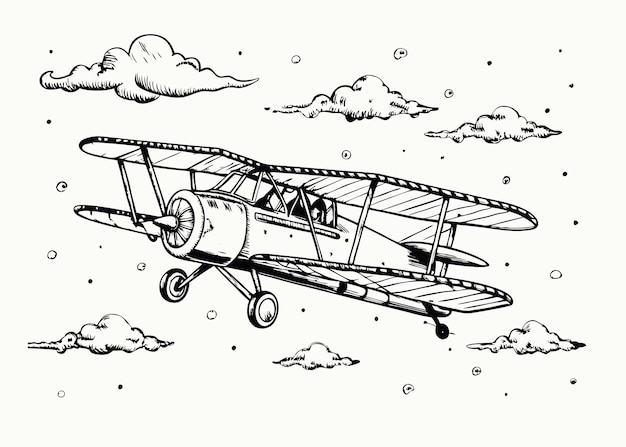 Boceto dibujado a mano del avión en monocromo