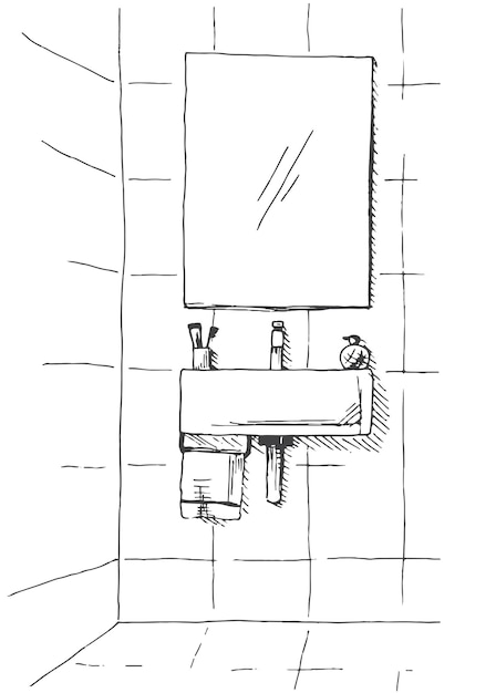 Boceto dibujado a mano boceto lineal de un interior parte del baño ilustración vectorial