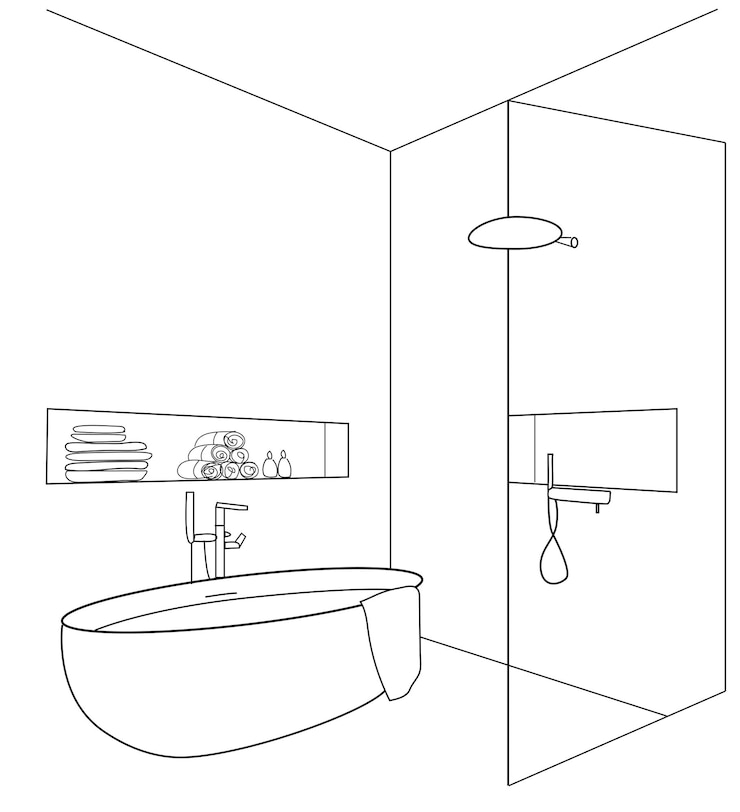 Boceto dibujado a mano Boceto lineal de un interior Parte del baño