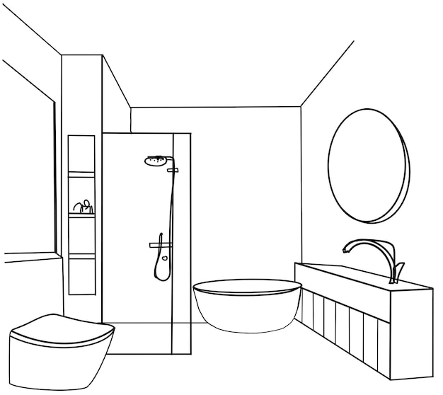 Boceto dibujado a mano Boceto lineal de un interior Parte del baño