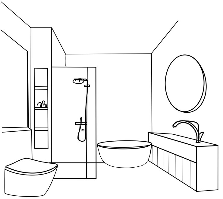Boceto dibujado a mano Boceto lineal de un interior Parte del baño