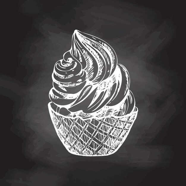 Un boceto dibujado a mano de una canasta de gofres con helado suave en el fondo de la pizarra