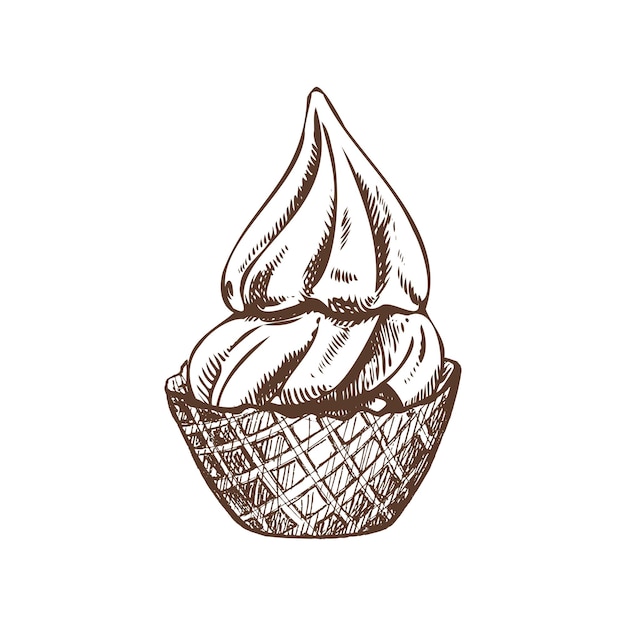 Un boceto dibujado a mano de una canasta de gofres con yogur congelado o helado suave de varias capas