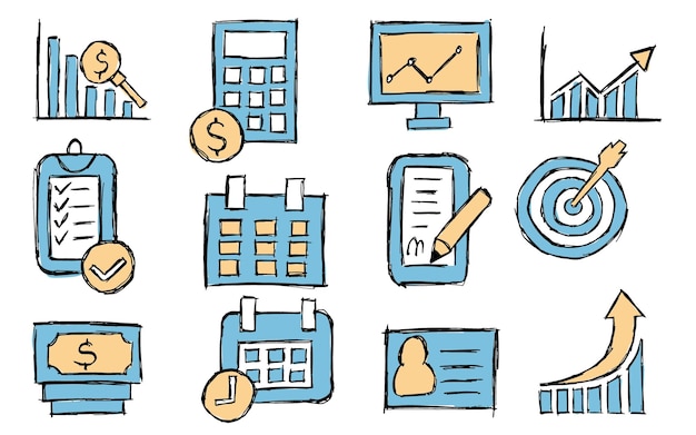 Boceto dibujado a mano de color Icono de negocio y elemento infográfico, oficina a mano alzada y símbolo de finanzas